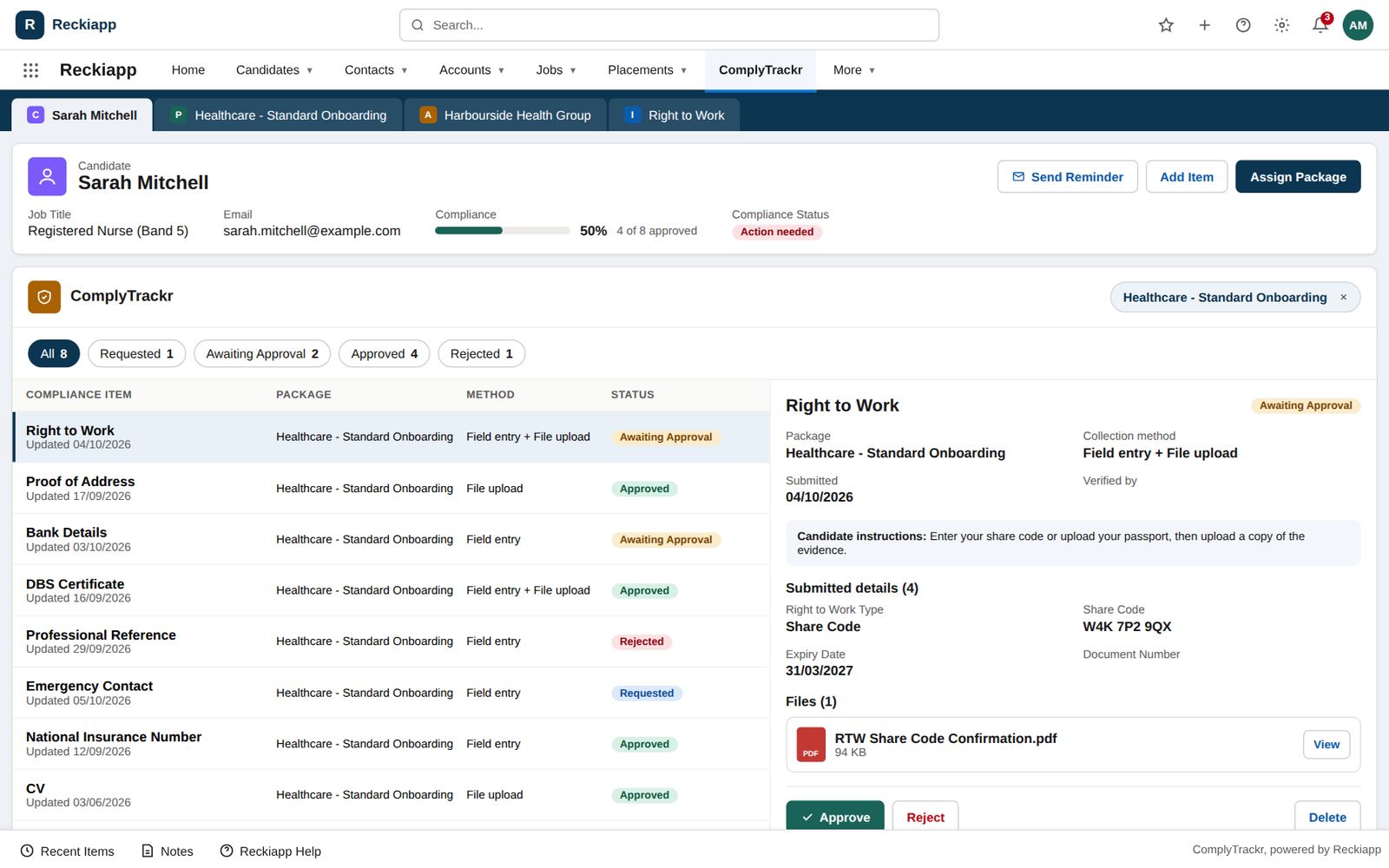 Candidate compliance with approve and reject